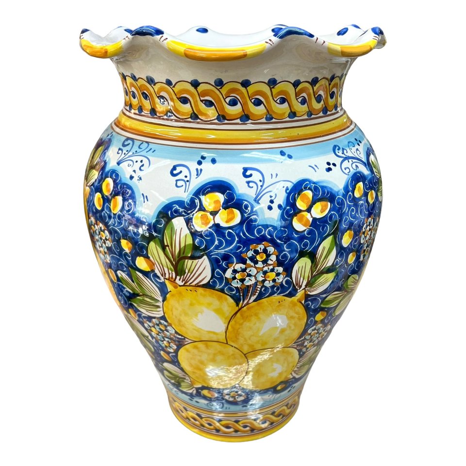 Giara smerlata portaombrelli in ceramica siciliana con limoni decoro blu Produzione artigianale di Caltagirone h.50cm