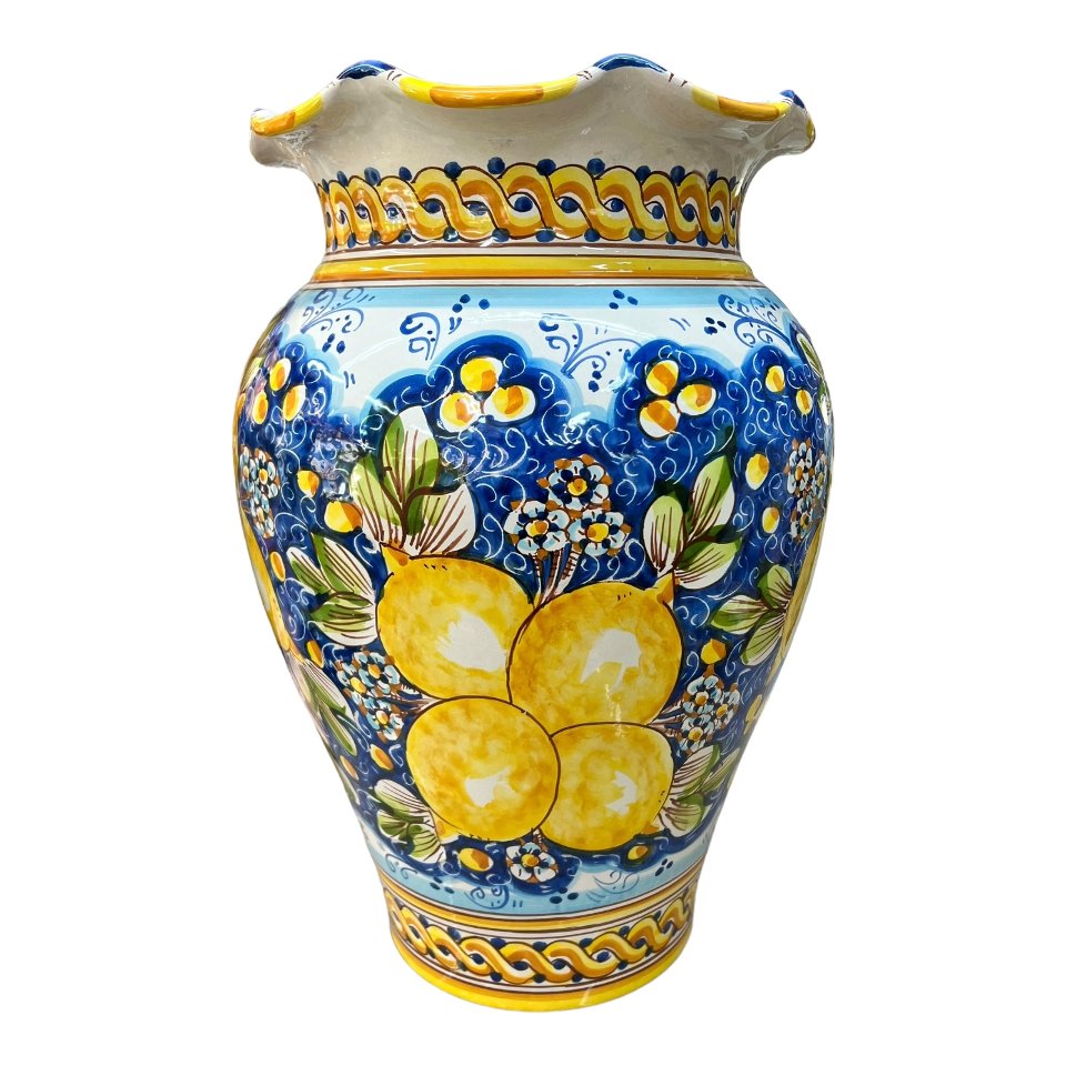 Giara smerlata portaombrelli in ceramica siciliana con limoni decoro blu Produzione artigianale di Caltagirone h.50cm