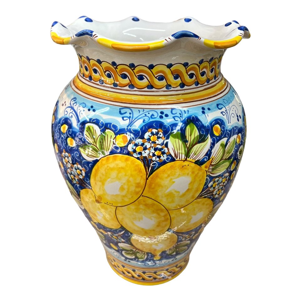 Giara smerlata portaombrelli in ceramica siciliana con limoni decoro blu Produzione artigianale di Caltagirone h.50cm