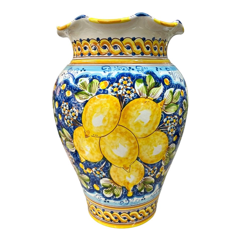 Giara smerlata portaombrelli in ceramica siciliana con limoni decoro blu Produzione artigianale di Caltagirone h.50cm