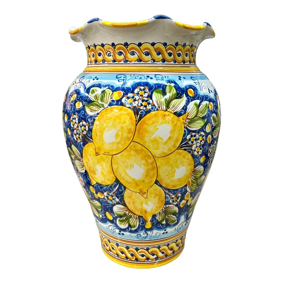Giara smerlata portaombrelli in ceramica siciliana con limoni decoro blu Produzione artigianale di Caltagirone h.50cm