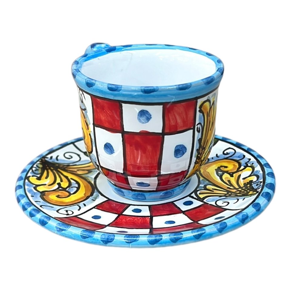 Tazzina da caffé in ceramica siciliana con piattino decoro carretto Produzione artigianale di Caltagirone h.6cm
