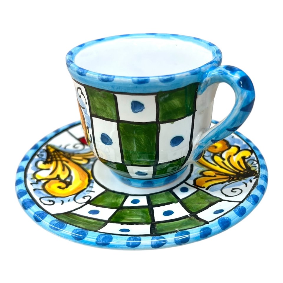 Tazzina da caffé in ceramica siciliana con piattino decoro carretto Produzione artigianale di Caltagirone h.6cm