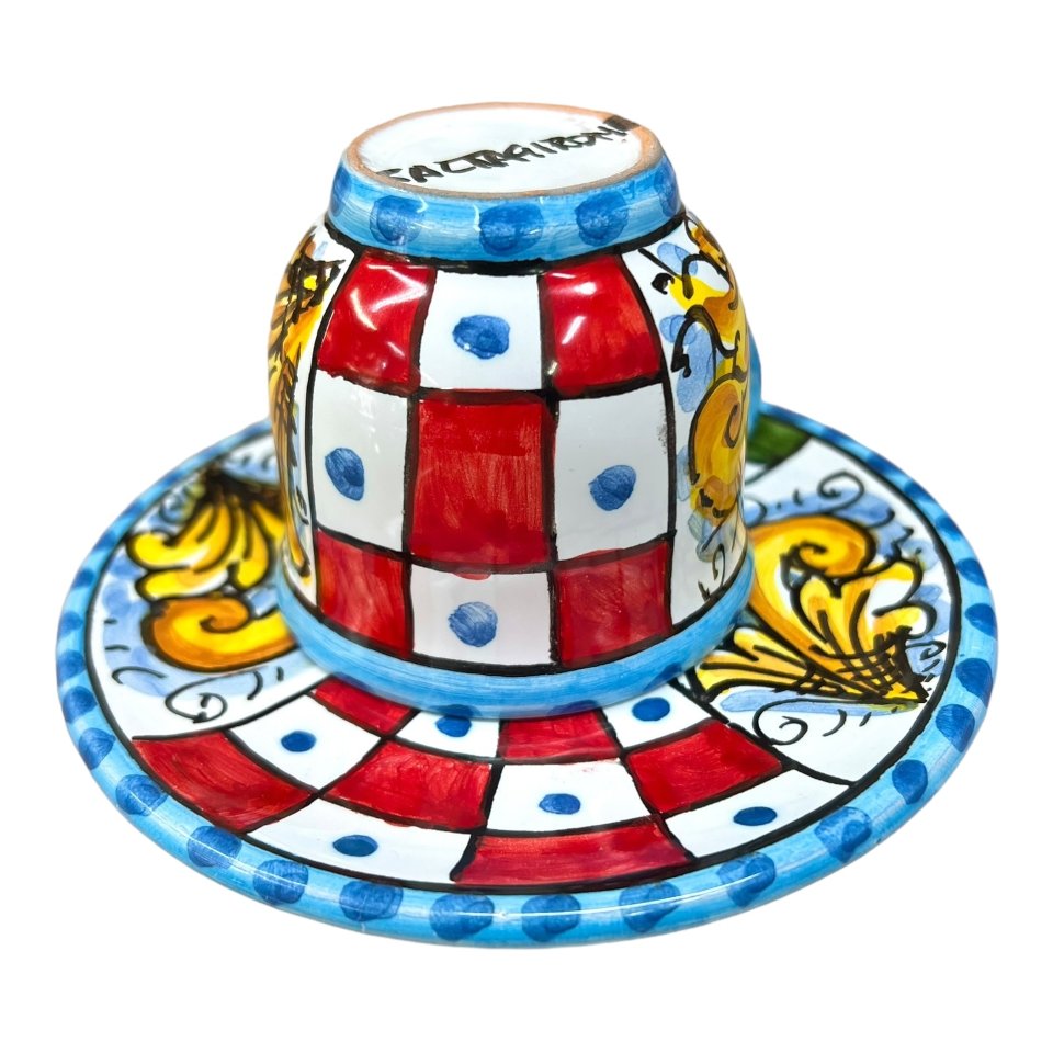 Tazzina da caffé in ceramica siciliana con piattino decoro carretto Produzione artigianale di Caltagirone h.6cm