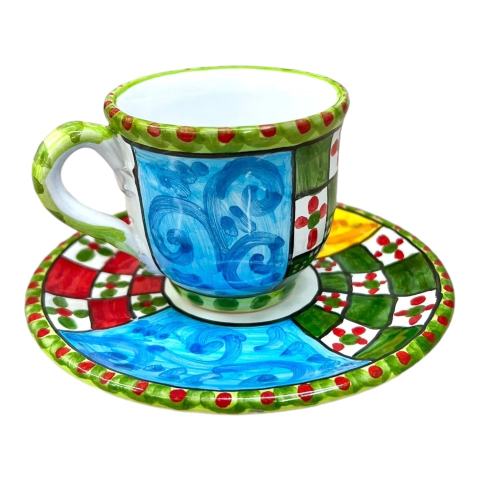 Tazzina da caffé in ceramica siciliana con piattino decoro carretto 2 Produzione artigianale di Caltagirone h.6cm