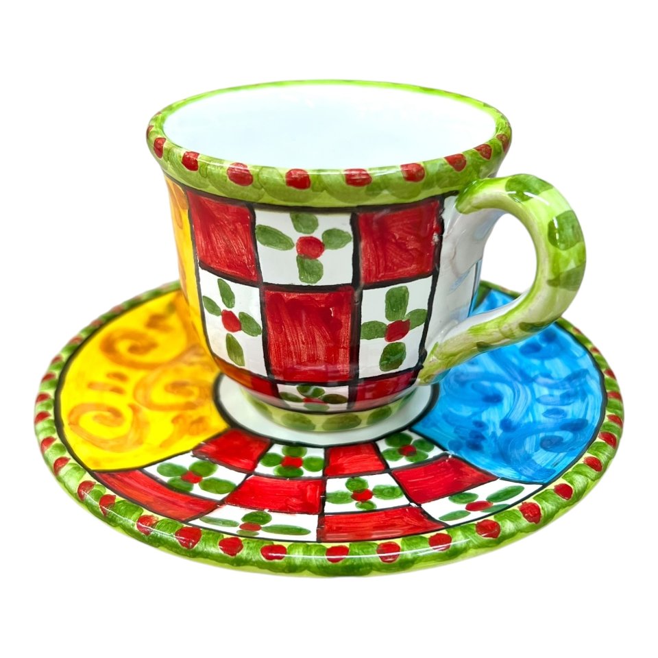 Tazzina da caffé in ceramica siciliana con piattino decoro carretto 2 Produzione artigianale di Caltagirone h.6cm