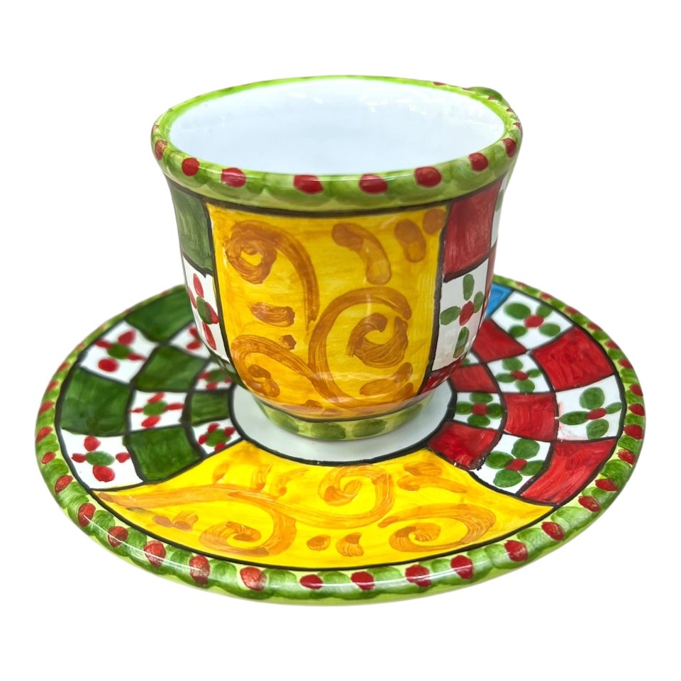 Tazzina da caffé in ceramica siciliana con piattino decoro carretto 2 Produzione artigianale di Caltagirone h.6cm