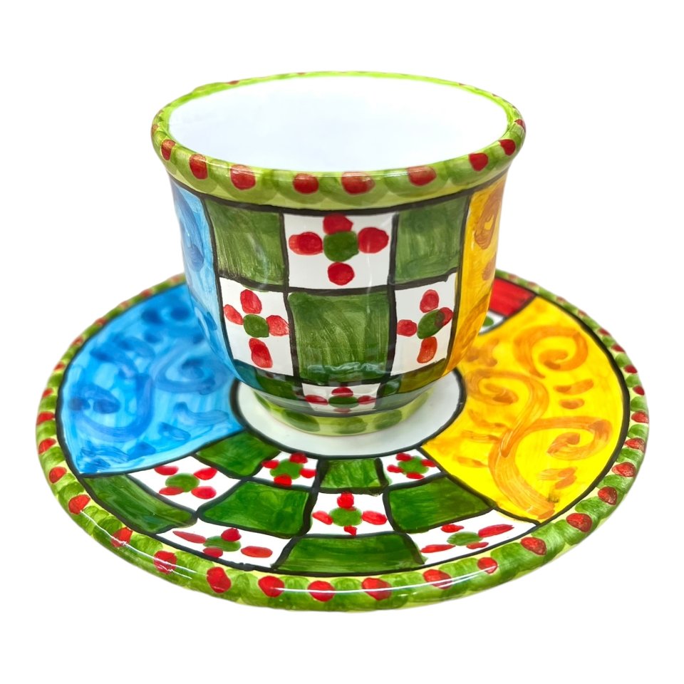 Tazzina da caffé in ceramica siciliana con piattino decoro carretto 2 Produzione artigianale di Caltagirone h.6cm