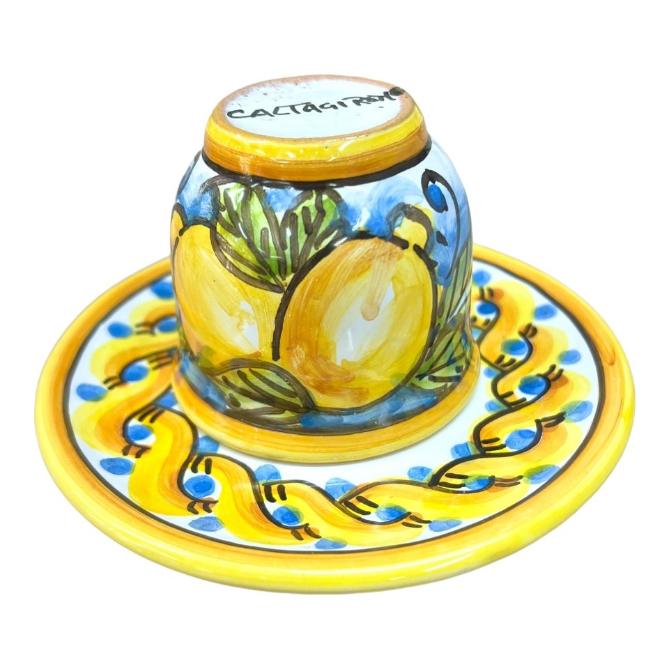 Tazzina da caffé in ceramica siciliana con piattino decoro limone Produzione artigianale di Caltagirone h.6cm