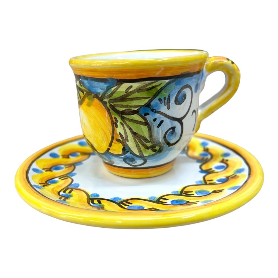 Tazzina da caffé in ceramica siciliana con piattino decoro limone Produzione artigianale di Caltagirone h.6cm