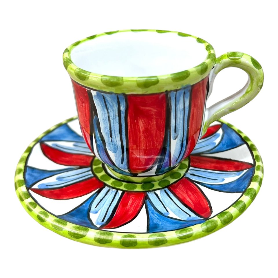 Tazzina da caffé in ceramica siciliana con piattino decoro carretto 3 Produzione artigianale di Caltagirone h.6cm