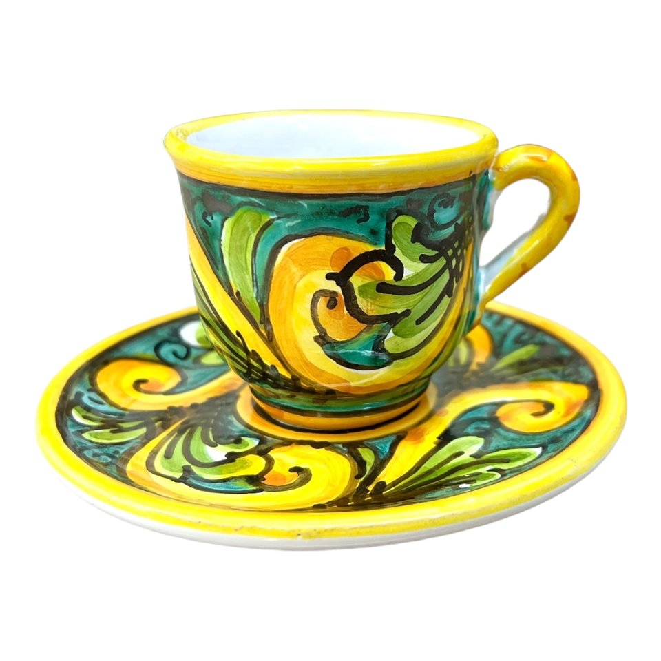 Tazzina da caffé in ceramica siciliana con piattino decoro ornato giallo e verde Produzione artigianale di Caltagirone h.6cm
