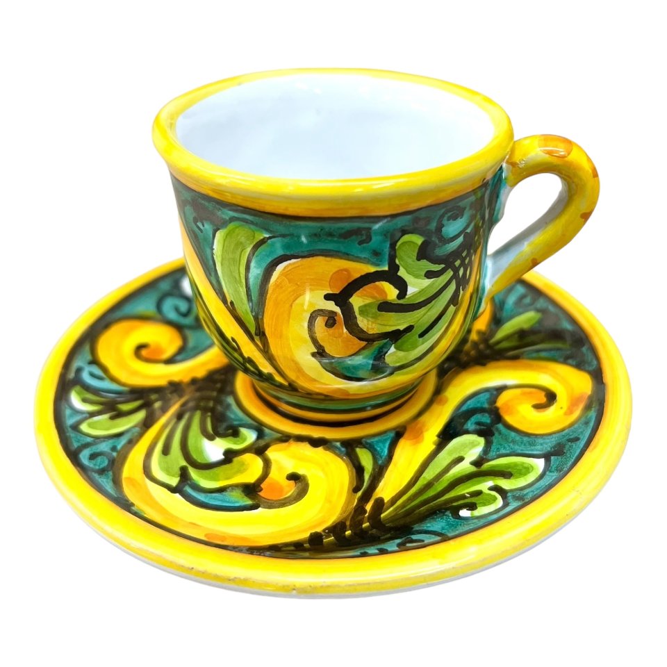 Tazzina da caffé in ceramica siciliana con piattino decoro ornato giallo e verde Produzione artigianale di Caltagirone h.6cm