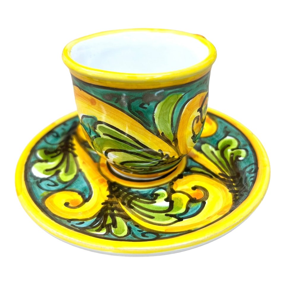 Tazzina da caffé in ceramica siciliana con piattino decoro ornato giallo e verde Produzione artigianale di Caltagirone h.6cm