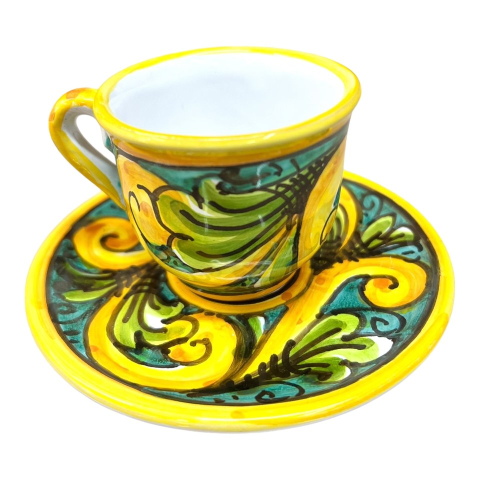 Tazzina da caffé in ceramica siciliana con piattino decoro ornato giallo e verde Produzione artigianale di Caltagirone h.6cm