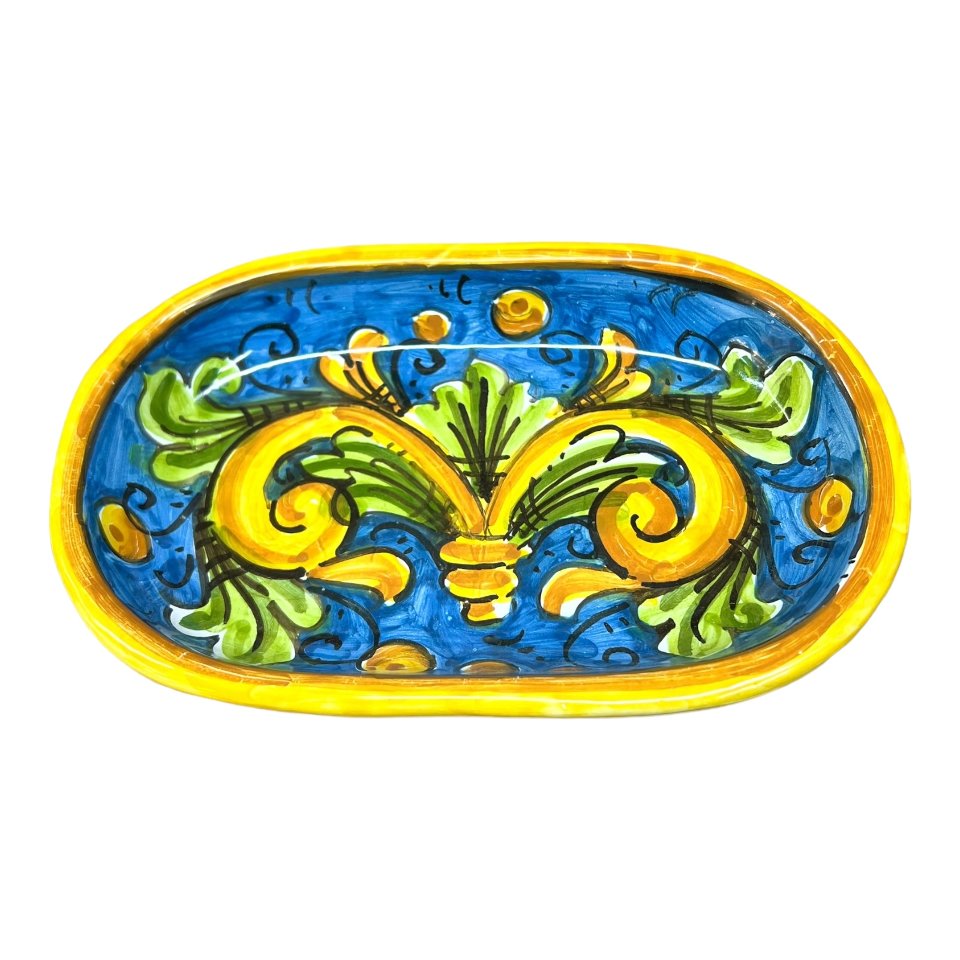 Set 2 tazzine da caffé in ceramica siciliana con vassoio decoro ornati giallo e blu Produzione artigianale di Caltagirone h.6cm