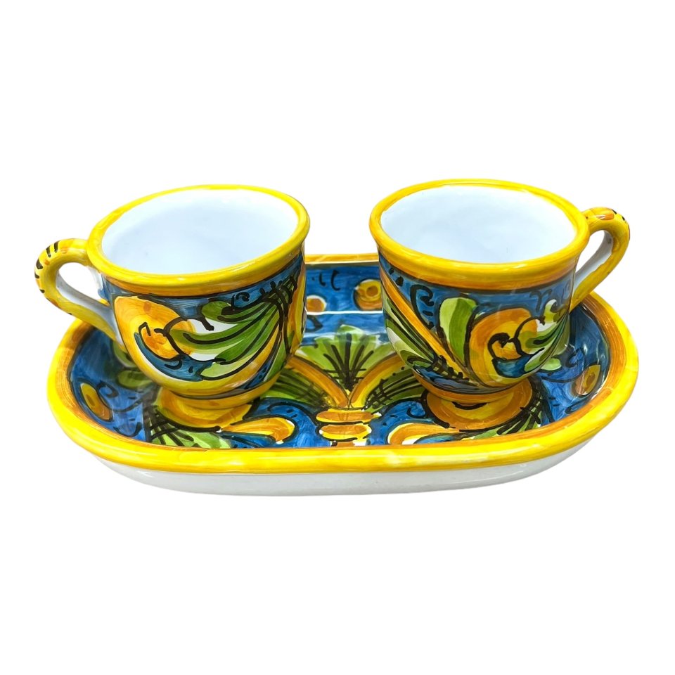 Set 2 tazzine da caffé in ceramica siciliana con vassoio decoro ornati giallo e blu Produzione artigianale di Caltagirone h.6cm