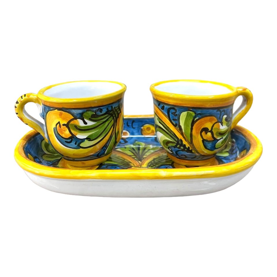 Set 2 tazzine da caffé in ceramica siciliana con vassoio decoro ornati giallo e blu Produzione artigianale di Caltagirone h.6cm