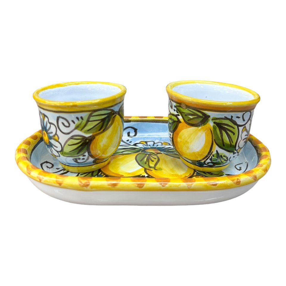 Set 2 tazzine da caffé in ceramica siciliana con vassoio decoro limoni Produzione artigianale di Caltagirone h.6cm