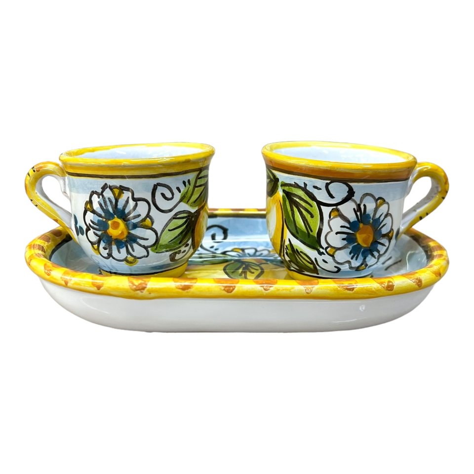 Set 2 tazzine da caffé in ceramica siciliana con vassoio decoro limoni Produzione artigianale di Caltagirone h.6cm