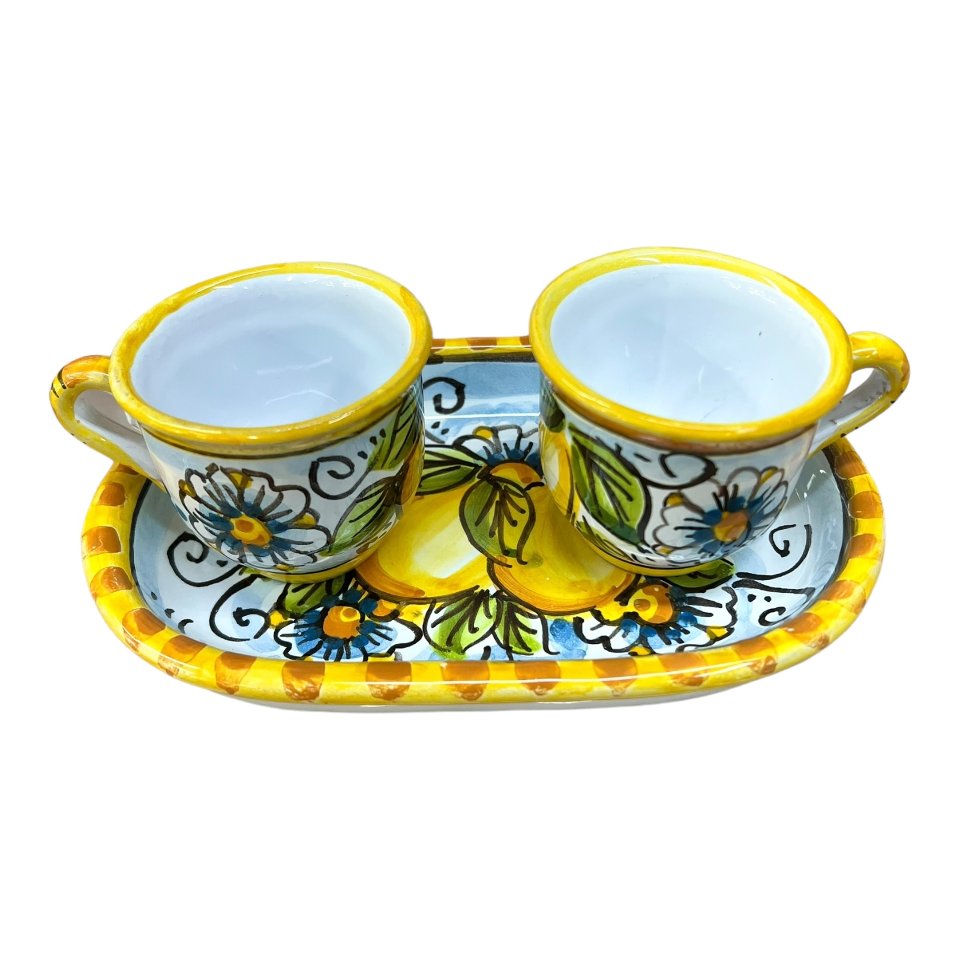 Set 2 tazzine da caffé in ceramica siciliana con vassoio decoro limoni Produzione artigianale di Caltagirone h.6cm