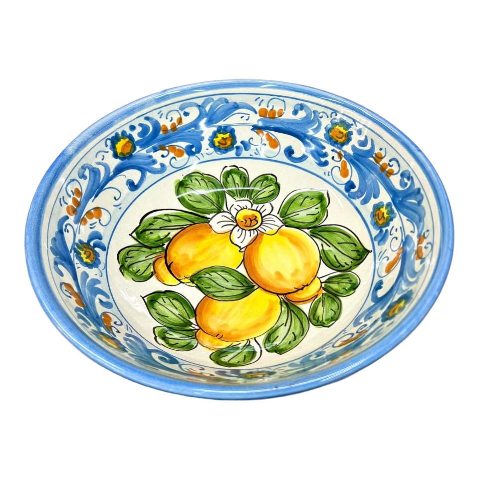 Ciotola centrotavola in ceramica siciliana con limoni decoro seicento azzurro e bianco Produzione artigianale di Santo Stefano di Camastra Diametro 25cm