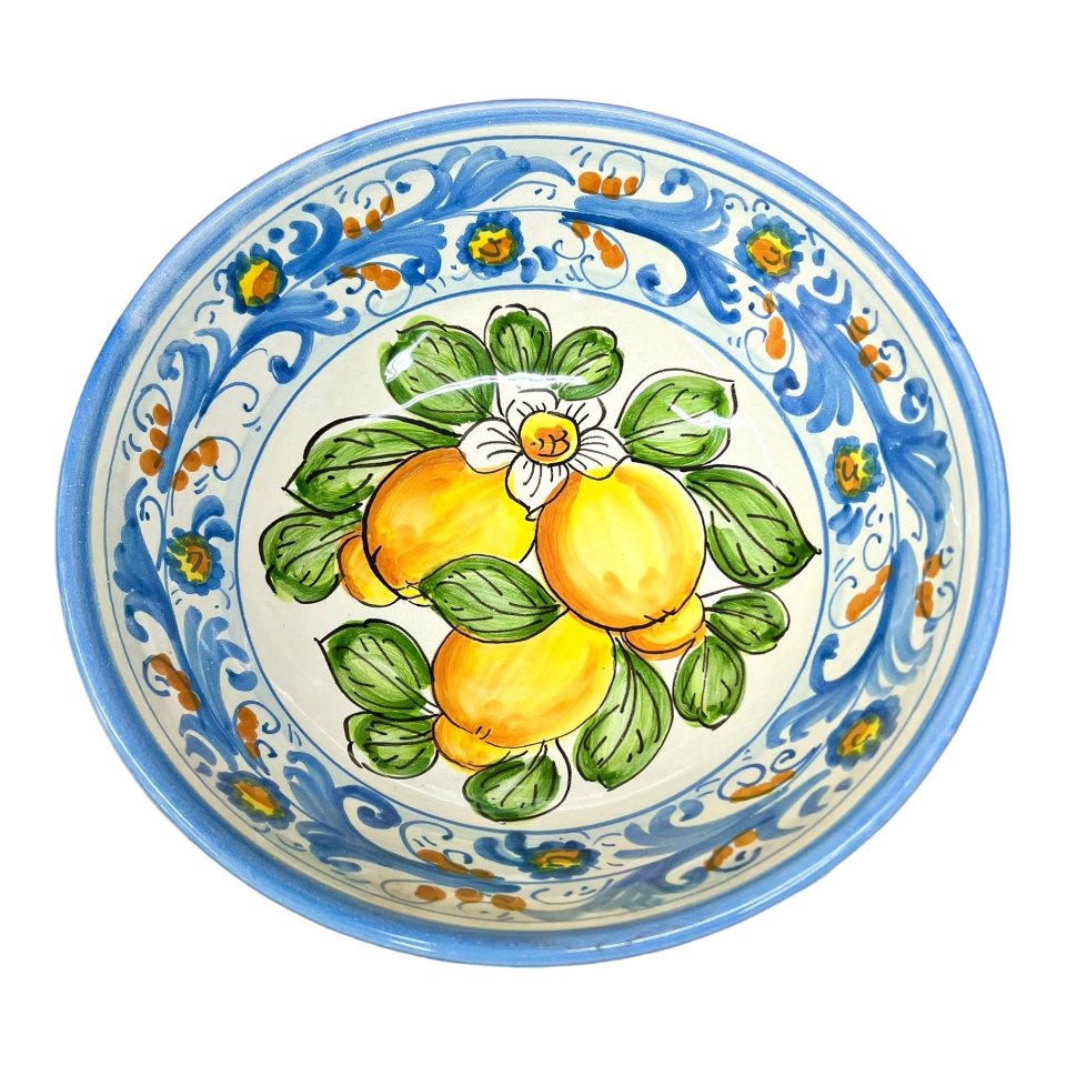 Ciotola centrotavola in ceramica siciliana con limoni decoro seicento azzurro e bianco Produzione artigianale di Santo Stefano di Camastra Diametro 25cm