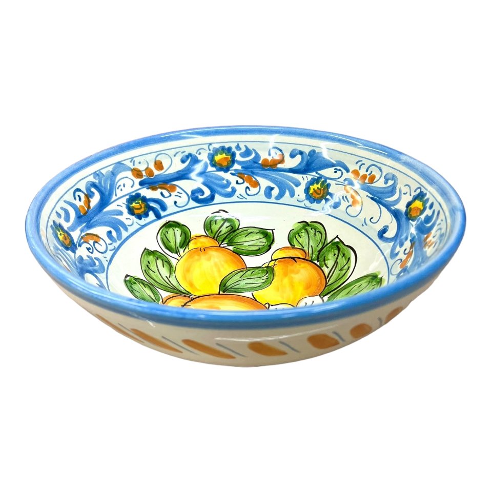 Ciotola centrotavola in ceramica siciliana con limoni decoro seicento azzurro e bianco Produzione artigianale di Santo Stefano di Camastra Diametro 25cm