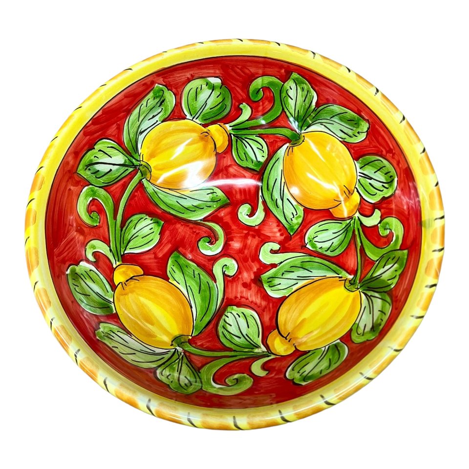 Ciotola centrotavola in ceramica siciliana con limoni decoro rosso Produzione artigianale di Santo Stefano di Camastra Diametro 25cm