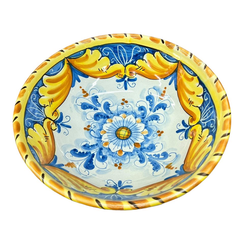 Ciotola centrotavola in ceramica siciliana decoro floreale barocco ornato giallo Produzione artigianale di Santo Stefano di Camastra Diametro 25cm