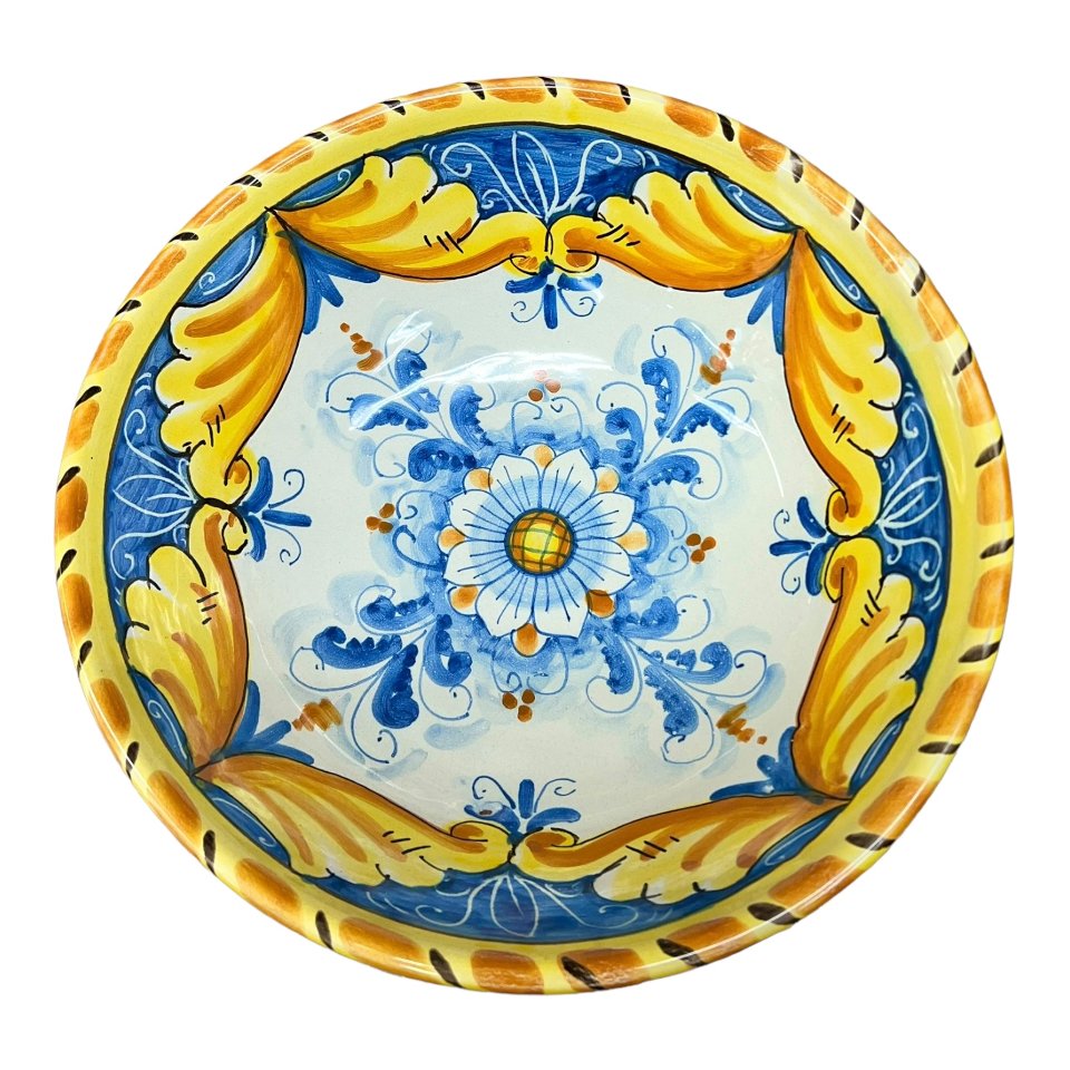 Ciotola centrotavola in ceramica siciliana decoro floreale barocco ornato giallo Produzione artigianale di Santo Stefano di Camastra Diametro 25cm