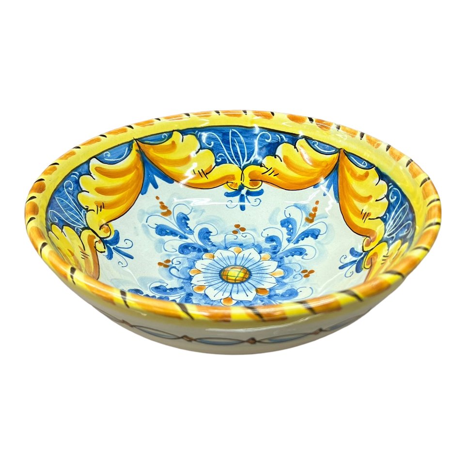 Ciotola centrotavola in ceramica siciliana decoro floreale barocco ornato giallo Produzione artigianale di Santo Stefano di Camastra Diametro 25cm