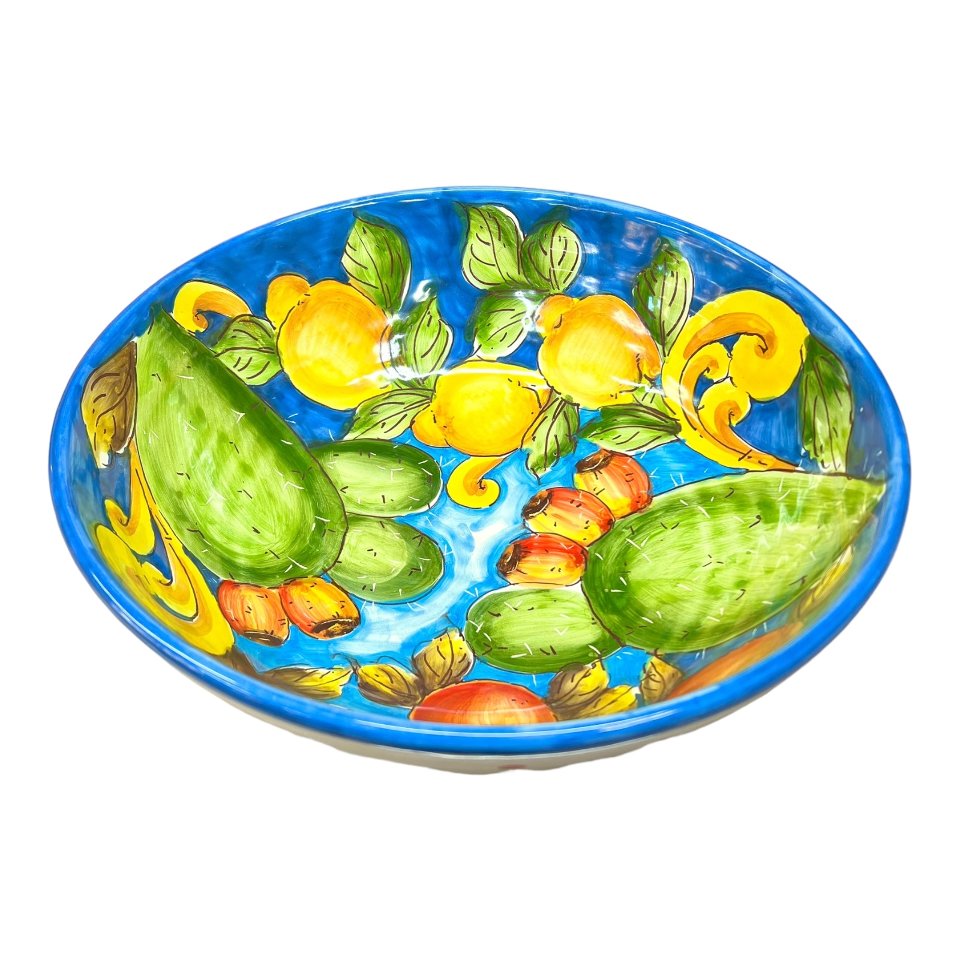 Ciotola centrotavola in ceramica siciliana con limoni, arance e fichi d'india decoro blu Produzione artigianale di Santo Stefano di Camastra Diametro 30cm