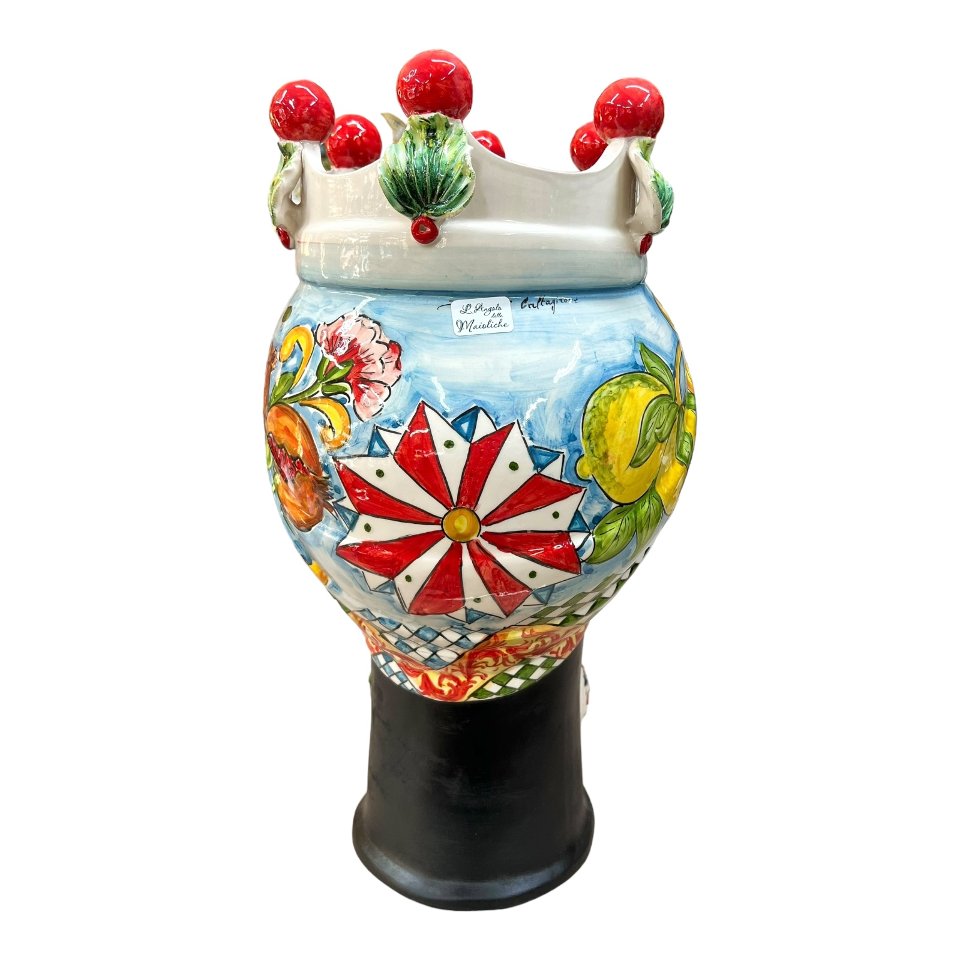 Coppia Teste di moro in ceramica siciliana viso nero opaco decoro carretto siciliano Produzione artigianale di Caltagirone h.50cm