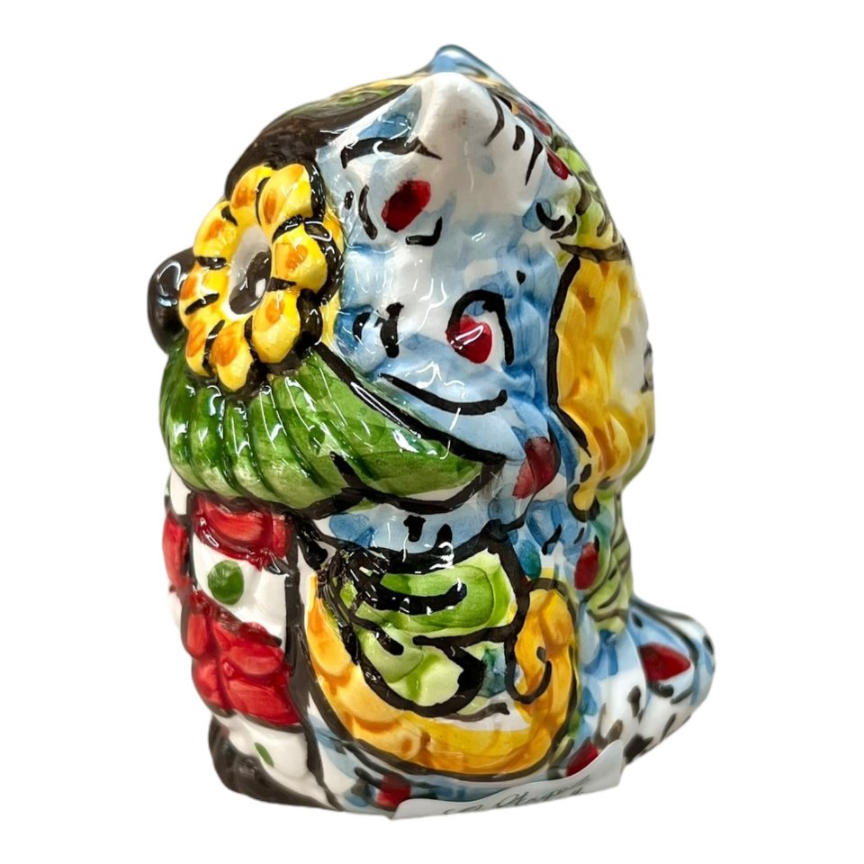 Civetta ornamentale in ceramica siciliana decoro carretto Produzione artigianale di Caltagirone h.10cm