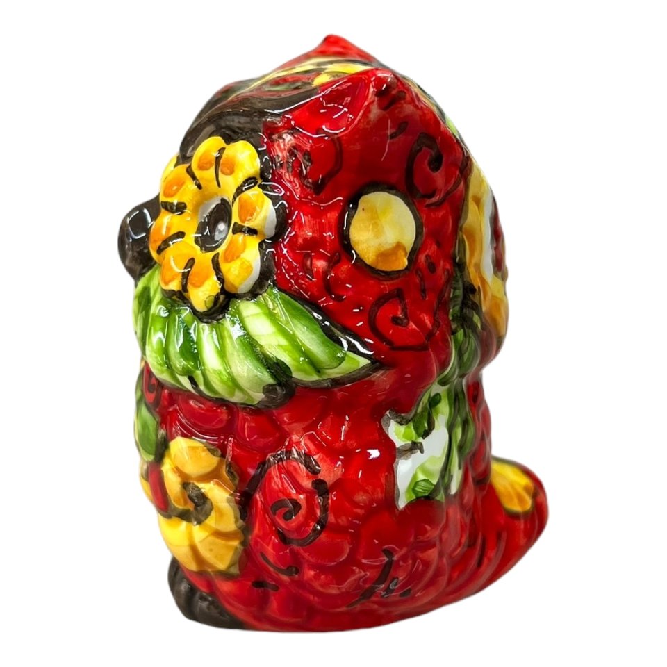 Civetta ornamentale in ceramica siciliana decoro ornato fondo rosso Produzione artigianale di Caltagirone h.10cm