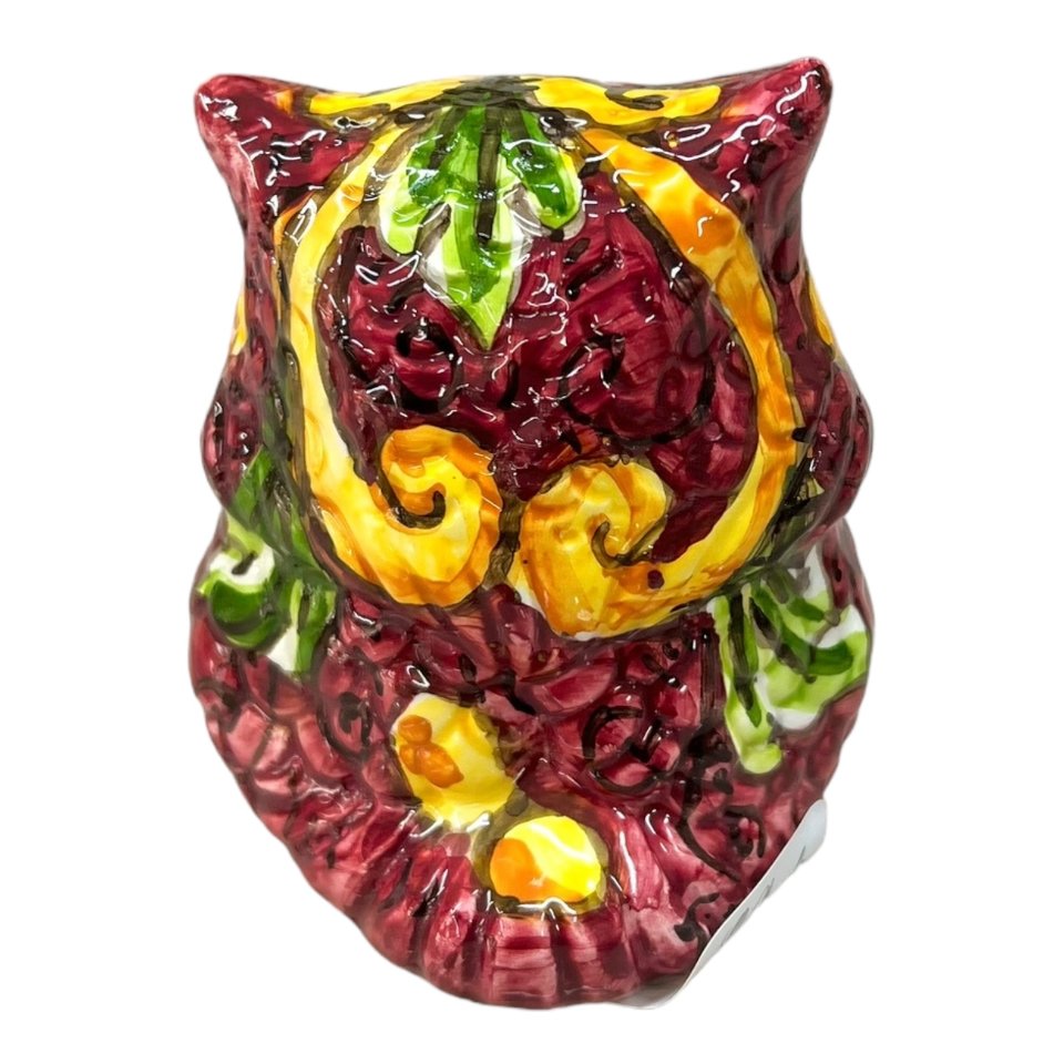 Civetta ornamentale in ceramica siciliana decoro ornato fondo bordeaux Produzione artigianale di Caltagirone h.10 cm