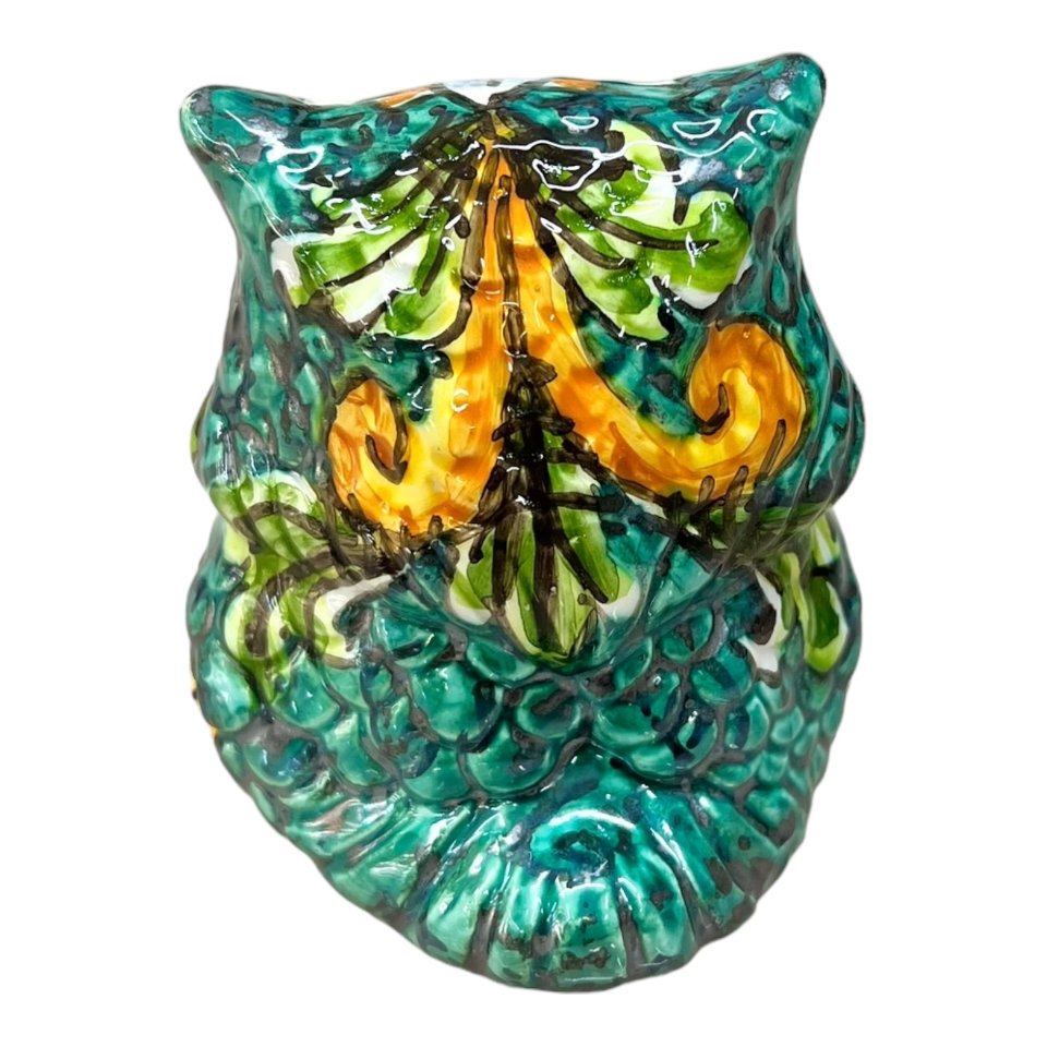 Civetta ornamentale in ceramica siciliana decoro ornato fondo verde ramina Produzione artigianale di Caltagirone h.10cm