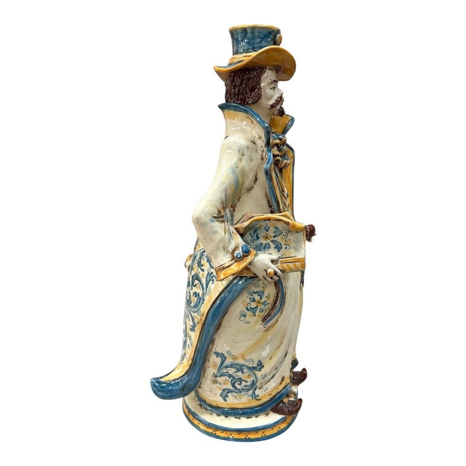 Lumiere grande ornamentale in ceramica decoro blu e arancio Produzione artigianale di Caltagirone h.40 cm