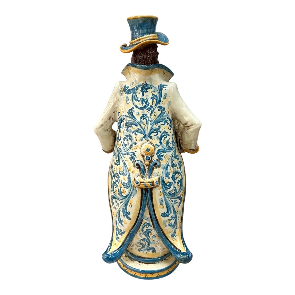 Lumiere grande ornamentale in ceramica decoro blu e arancio Produzione artigianale di Caltagirone h.40 cm