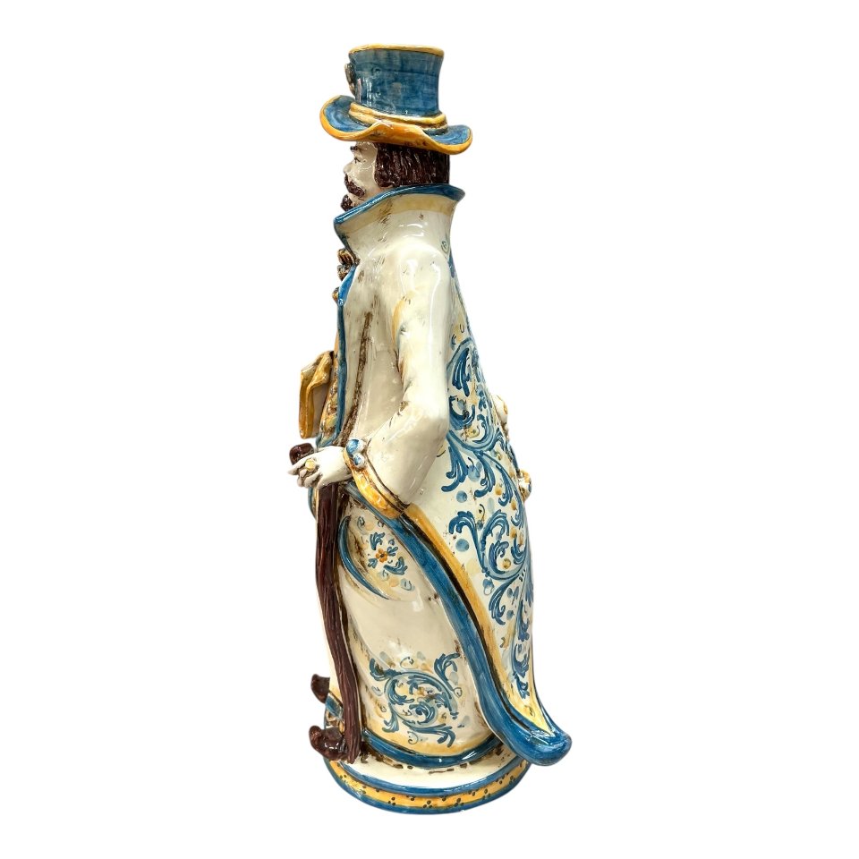 Lumiere grande ornamentale in ceramica decoro blu e arancio Produzione artigianale di Caltagirone h.40 cm