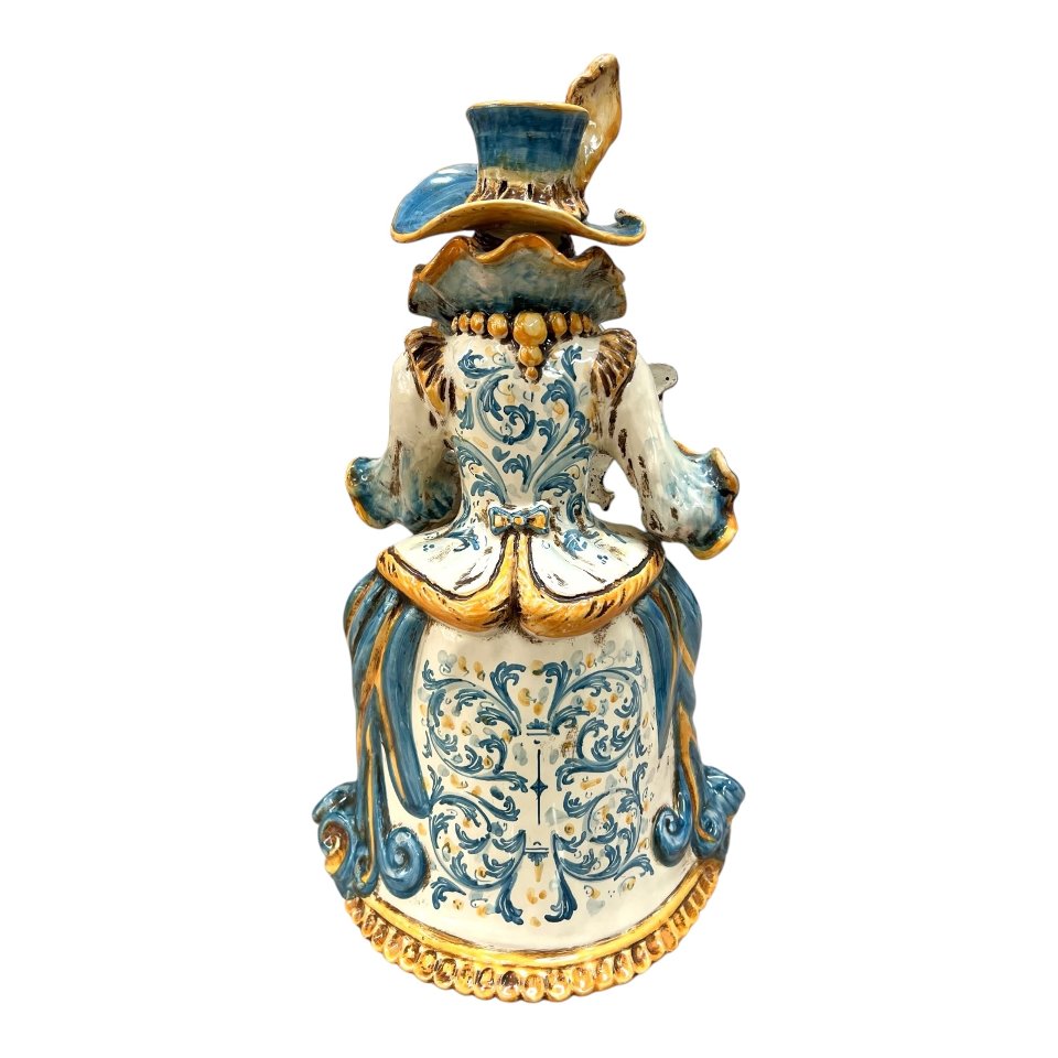 Lumiere grande ornamentale in ceramica decoro blu e arancio Produzione artigianale di Caltagirone h.40 cm