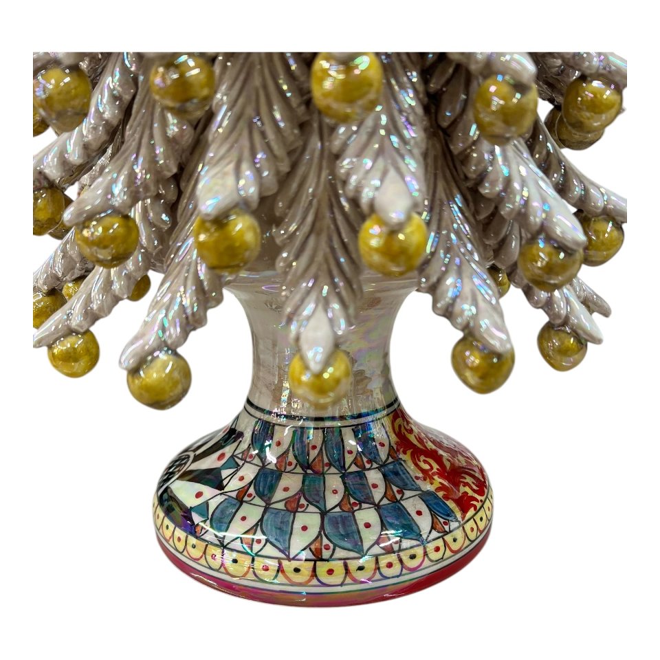 Albero di natale in ceramica siciliana decoro fumé madreperla con palline gialle effetto oro Produzione artigianale  di Caltagirone h.55cm
