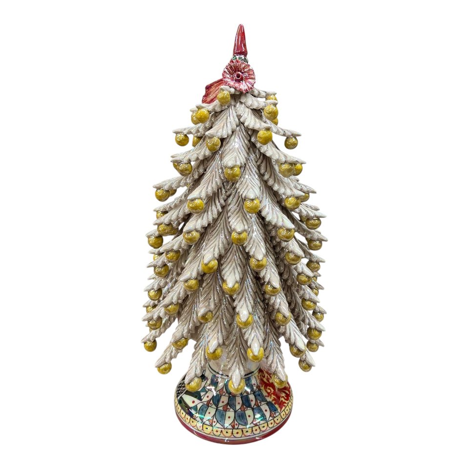 Albero di natale in ceramica siciliana decoro fumé madreperla con palline gialle effetto oro Produzione artigianale  di Caltagirone h.55cm