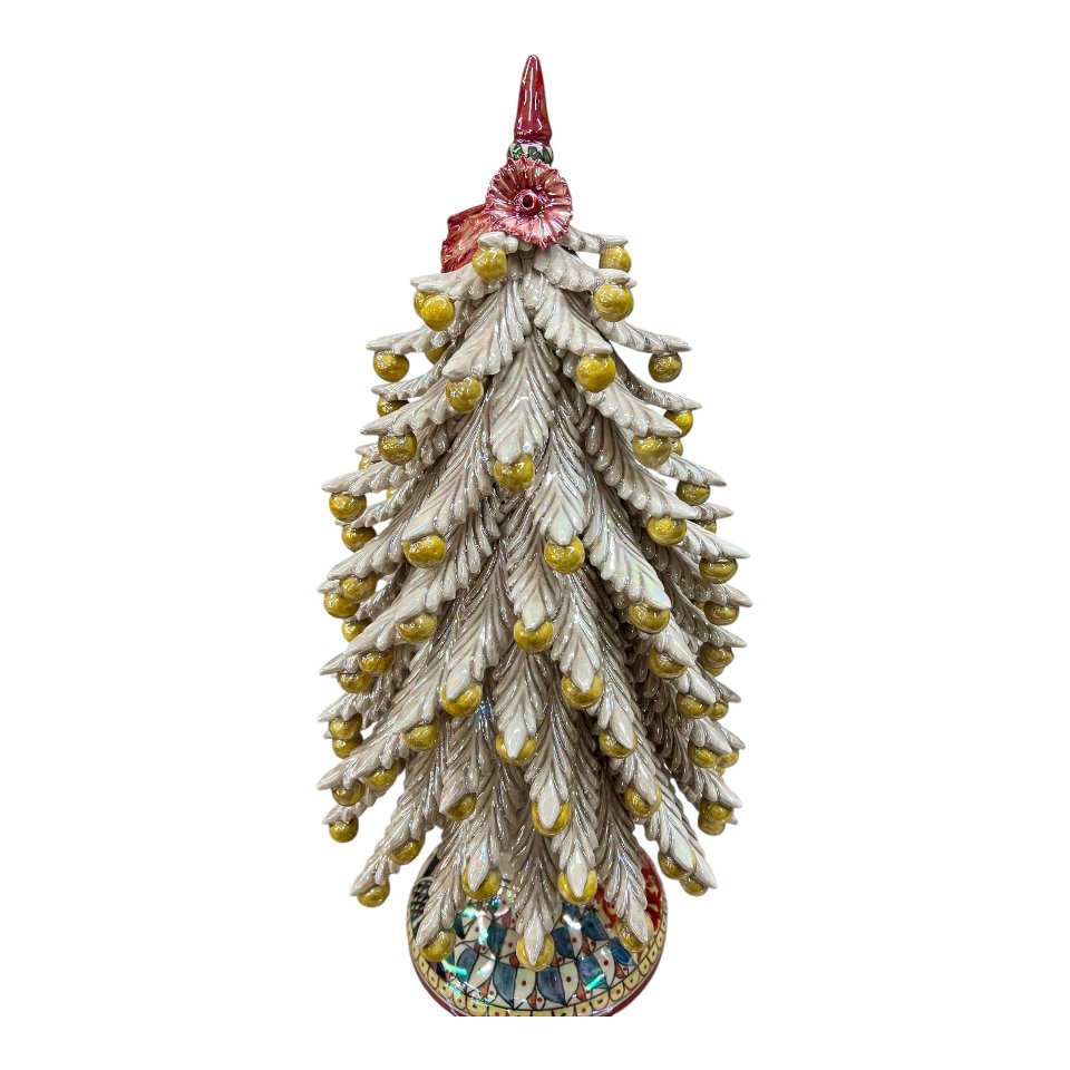 Albero di natale in ceramica siciliana decoro fumé madreperla con palline gialle effetto oro Produzione artigianale  di Caltagirone h.55cm