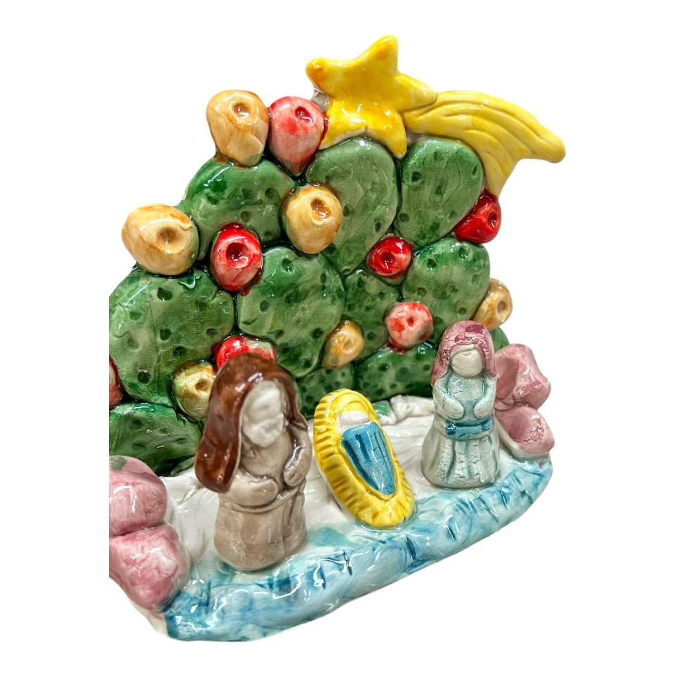 Presepe in ceramica siciliana con fichi d'india Produzione artigianale di Caltagirone h.15cm