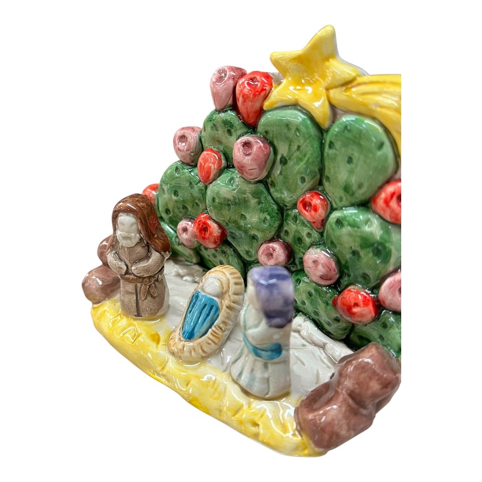 Presepe in ceramica siciliana con fichi d'india Produzione artigianale di Caltagirone h.15cm