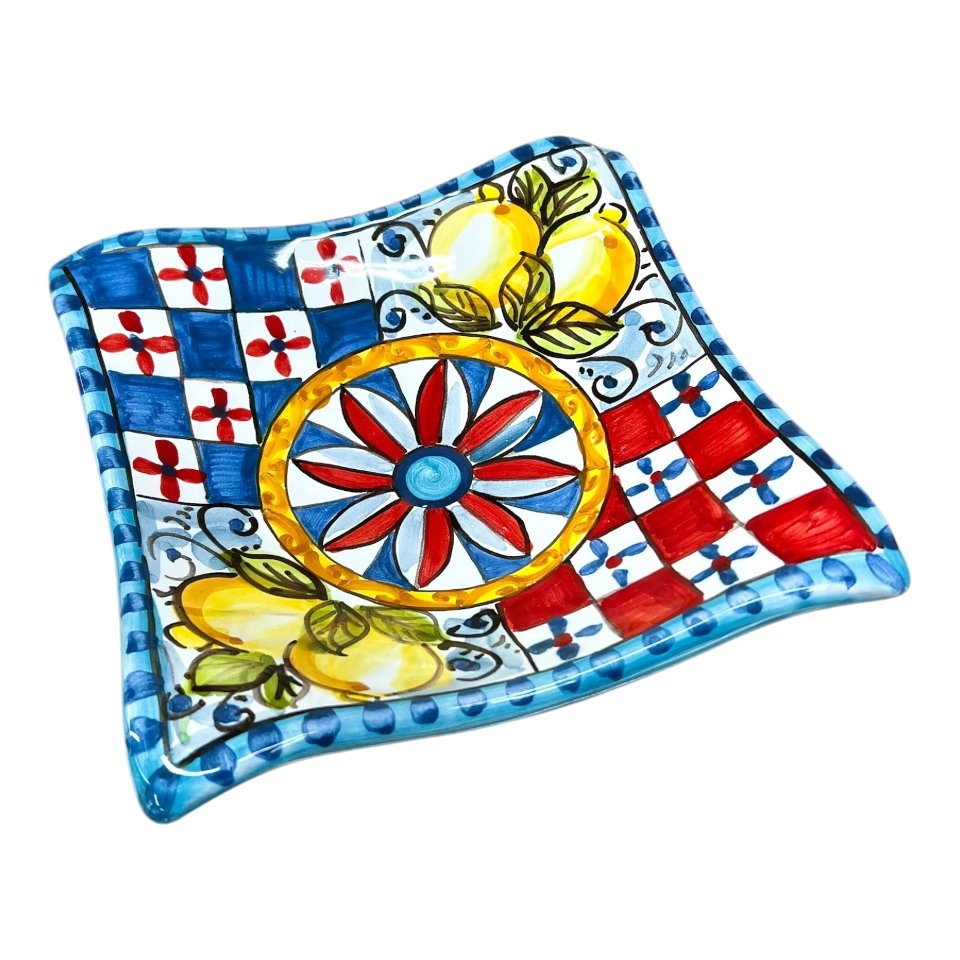 Svuotatasche/portacaramelle in ceramica siciliana decoro carretto con limoni Produzione artigianale di Caltagirone 21 x 21