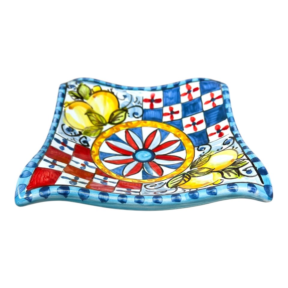 Svuotatasche/portacaramelle in ceramica siciliana decoro carretto con limoni Produzione artigianale di Caltagirone 21 x 21
