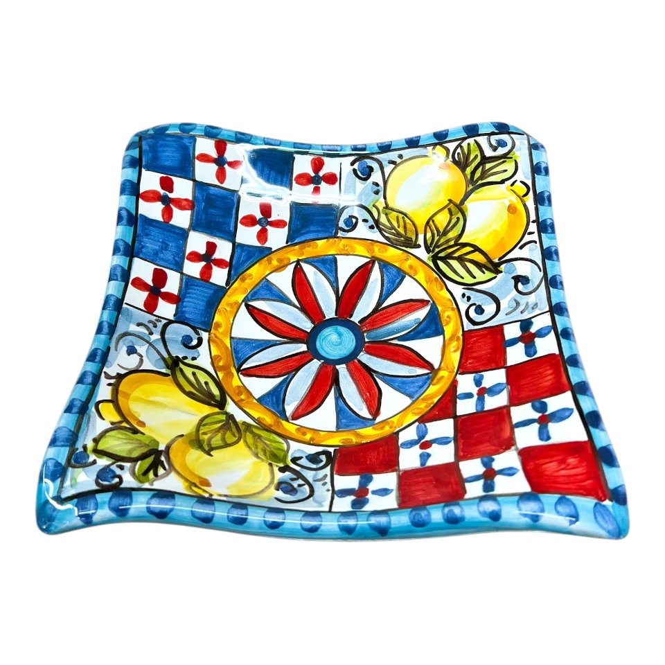 Svuotatasche/portacaramelle in ceramica siciliana decoro carretto con limoni Produzione artigianale di Caltagirone 21 x 21